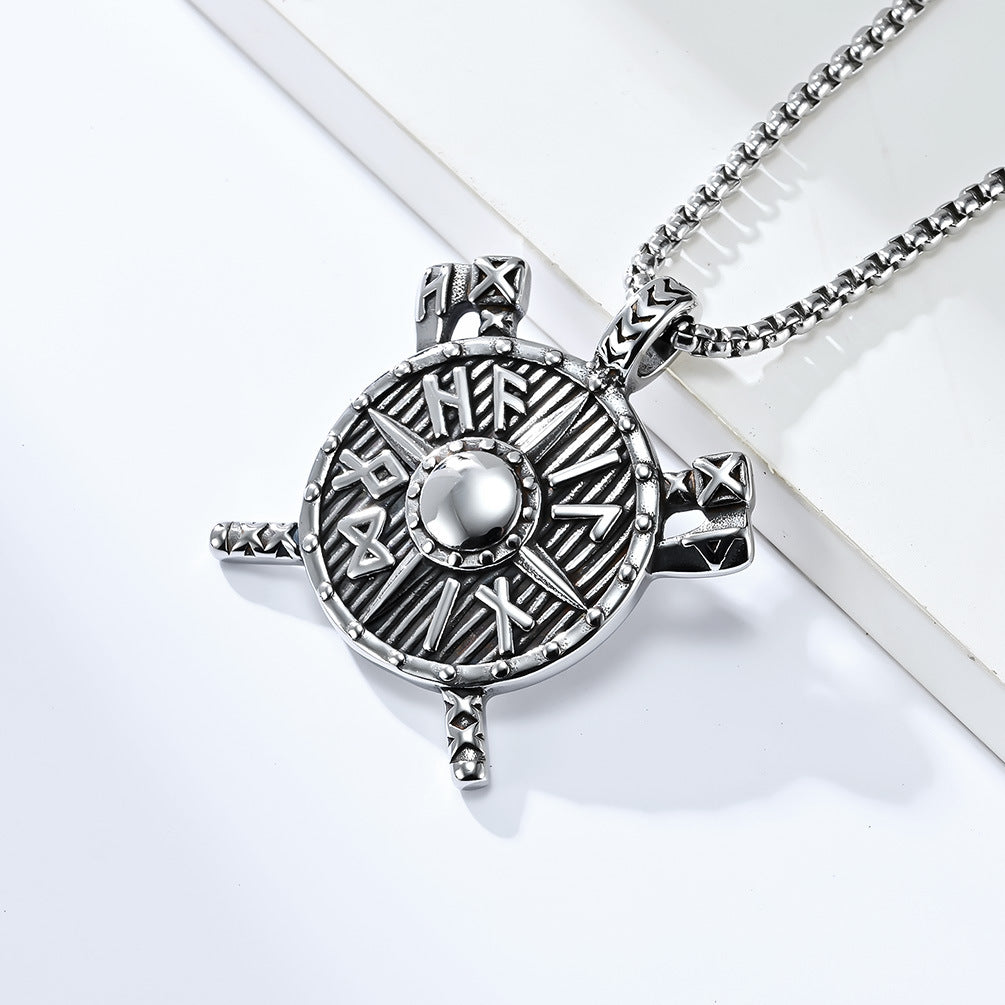 Planderful Viking Shield Axe Pendant Necklace For Men Unisex Stainless Steel Protection Statement