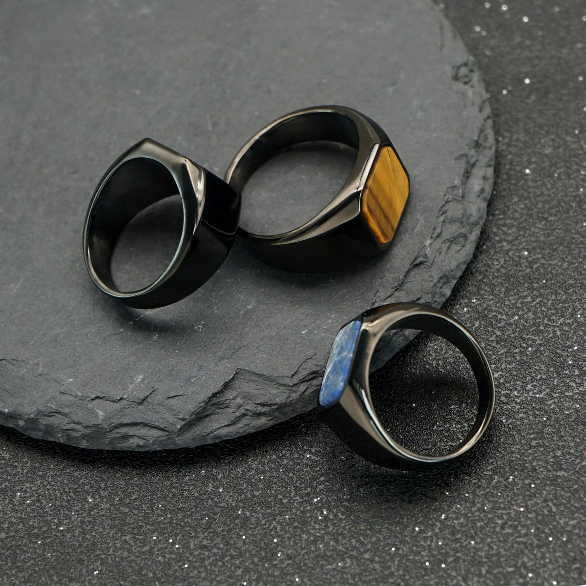 Planderful Everyday Genie Titanium Steel Black Ring With Natural Stone For Men And Unisex Statement Jewelry