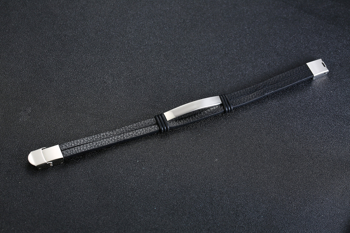 AliExpress Amazon Hot-Selling Black Stainless Steel Men's Bracelet Double Leather Bracelet Spot for Men