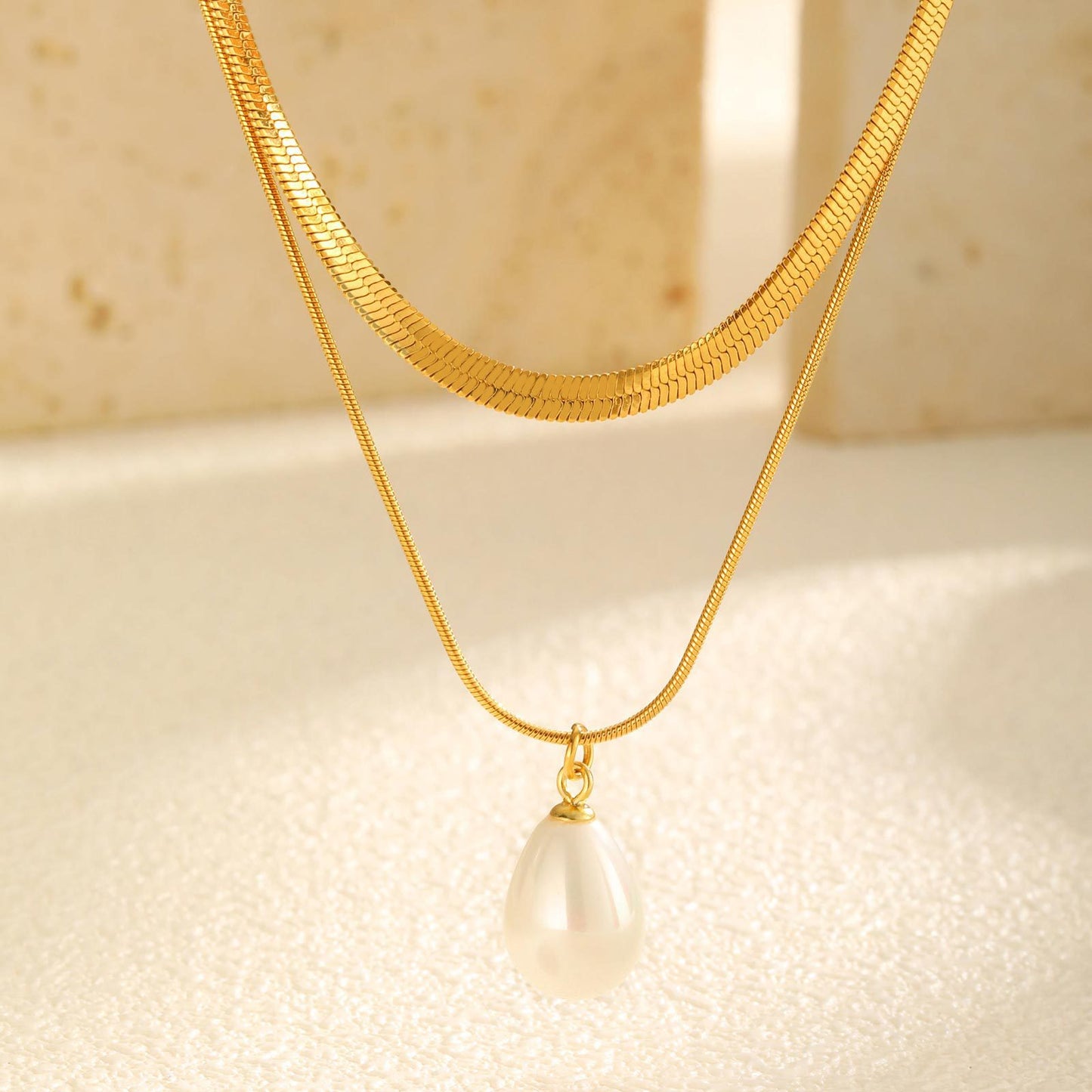 Stainless Steel Water Drop Pearl Double Stacked Necklace Ladies Collarbone Chain