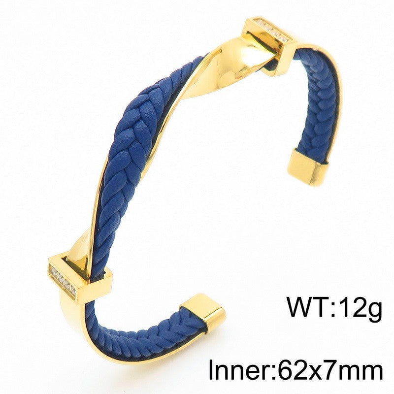 Stainless Steel Leather Bracelet – Titanium Steel Unisex Zircon-Inlaid Bracelet Open