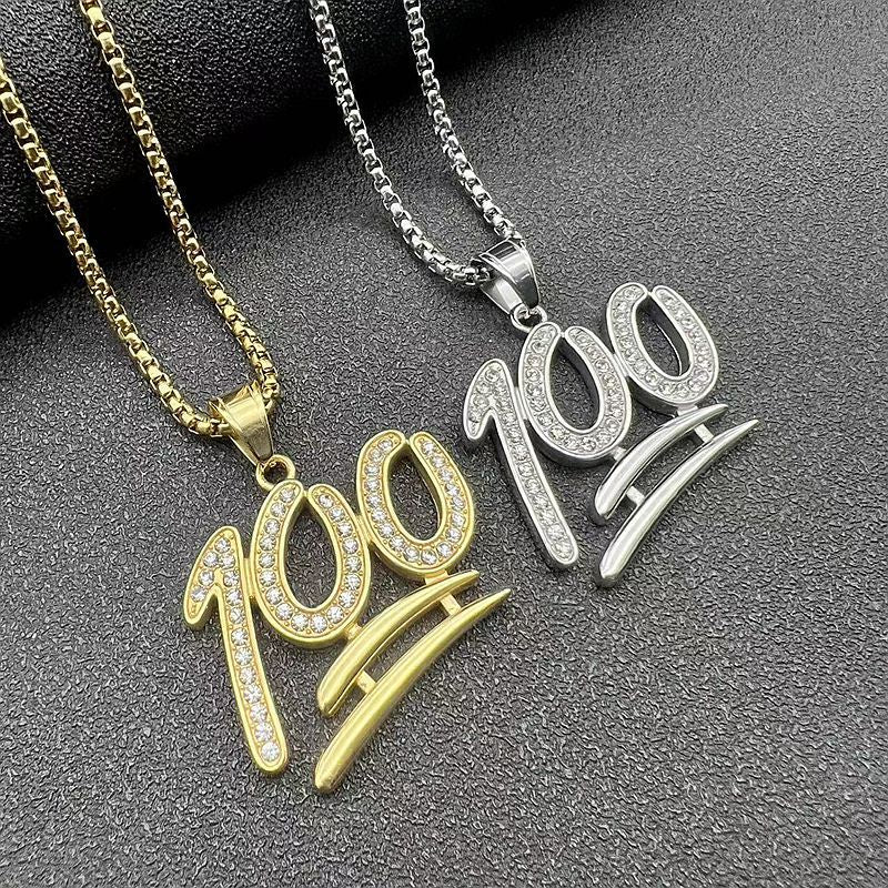 Planderful Hip Hop Necklace Gold Plated Zircon Pendant Titanium Steel 100Point Jewelry For Trendsetting Fans