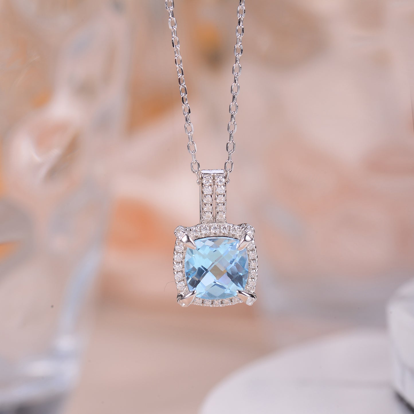 Soleste Halo Square Natural Blue Topaz Silver Necklace