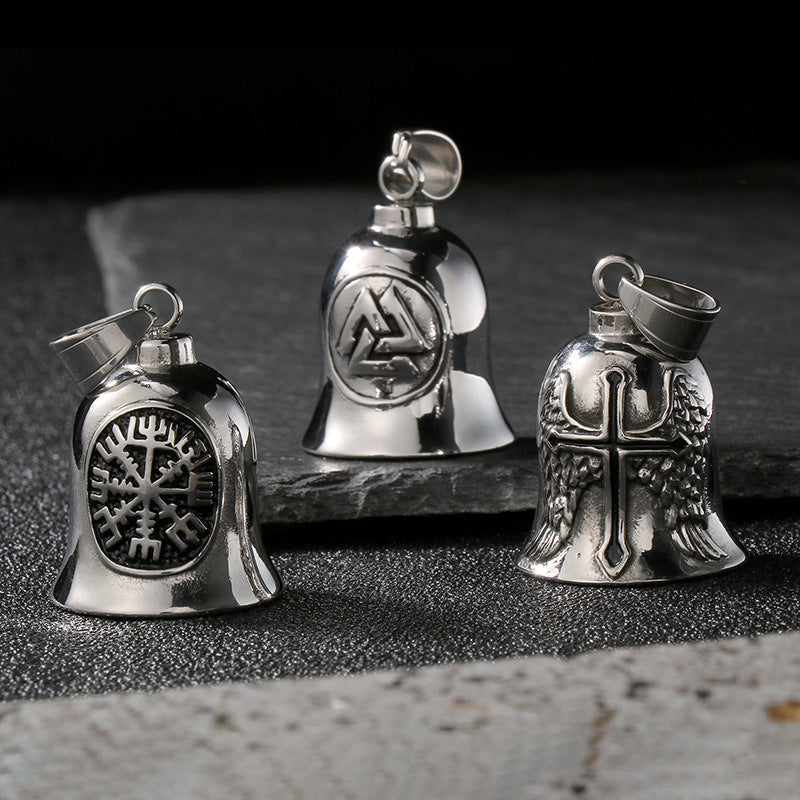 Viking Triangle Charm Locomotive Hanging Bells, Vintage Masonic Cross Angel Wings Bells Titanium Necklace