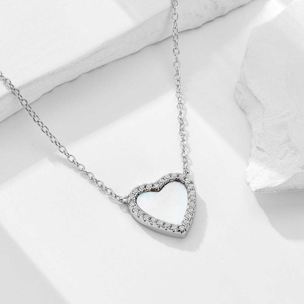 S925 Sterling Silver Love-Shaped Shell Pendant Necklace Inlaid Zircon