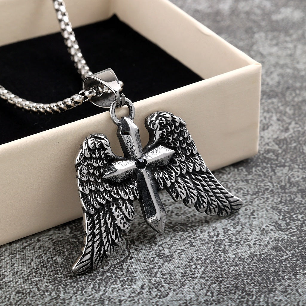 Vintage Cross Wing Stainless Steel Pendant Necklace