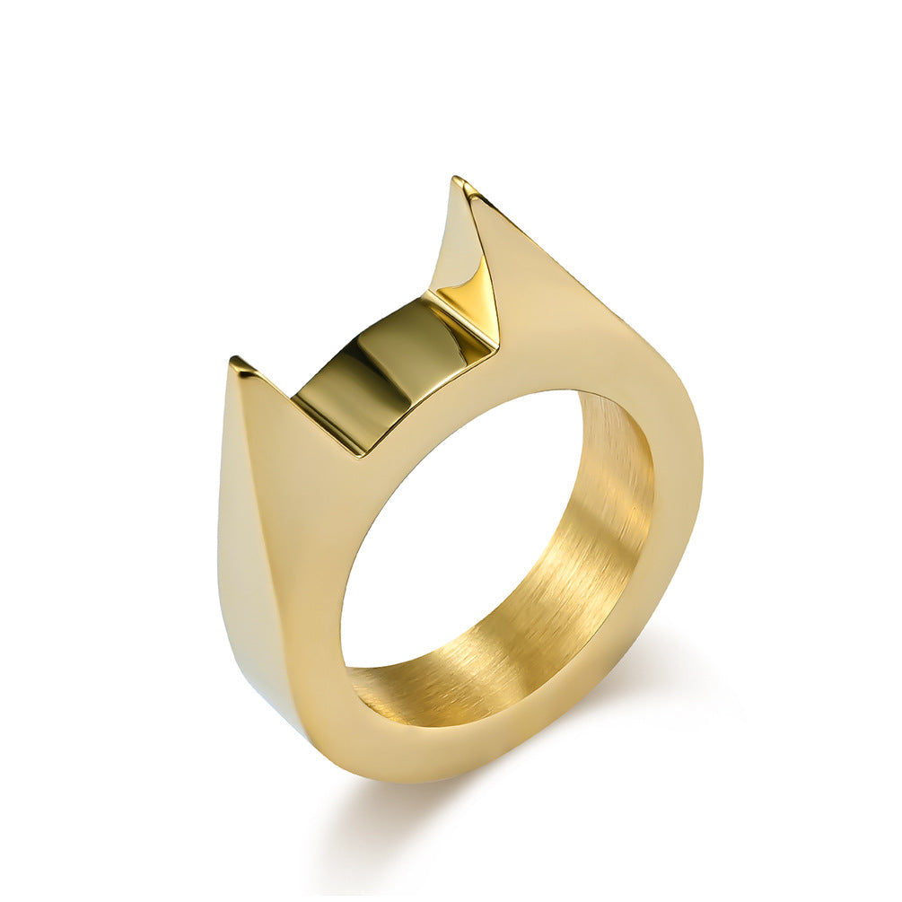 Planderful Everyday Genie Self Defense Ring With Spiked Cat Ear Design Gold Plated Titanium Steel For Men
