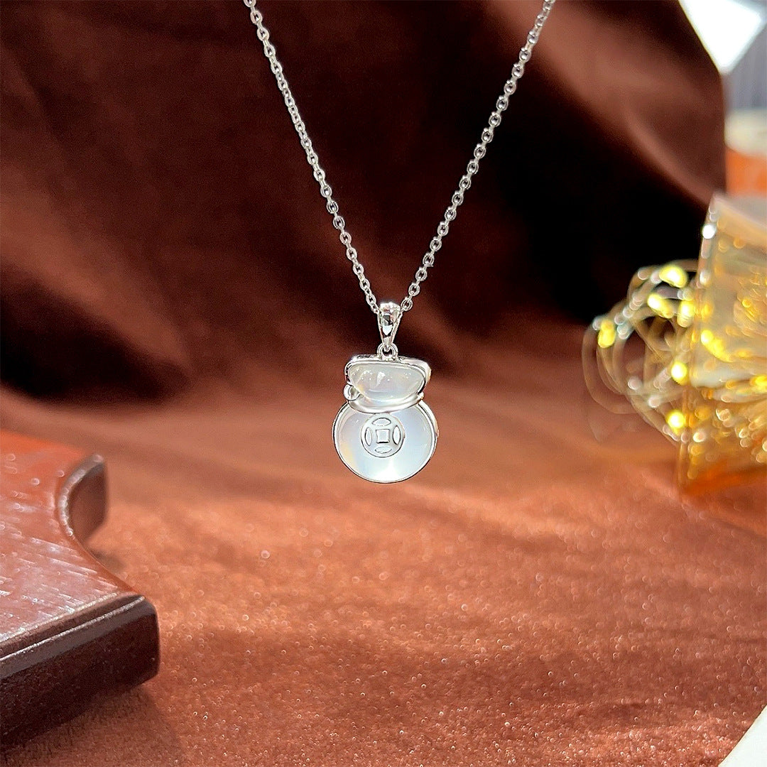 S925 Sterling Silver Chalcedony Lucky Bag Necklace Gift