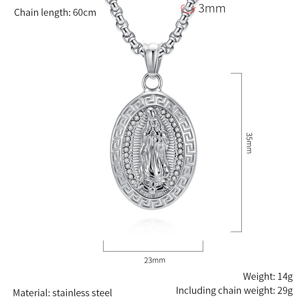 Planderful Virgin Mary Oval Pendant Necklace Titanium Steel Unisex Jewelry European Retro Relief Portrait