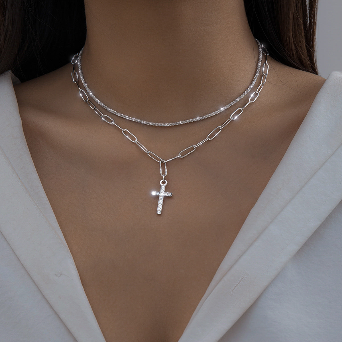 Cross Double Pendant Sparkling Diamond Clavicle Necklace for Women
