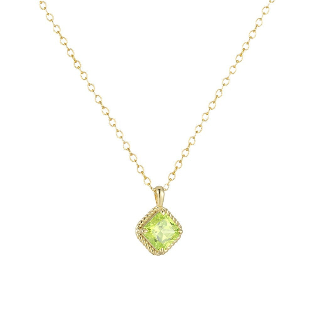 Geometric Square Green Zircon Pendant Necklace S925 Sterling Silver Zircon Necklace