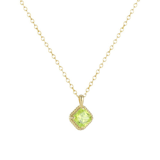 Geometric Square Green Zircon Pendant Necklace S925 Sterling Silver Zircon Necklace