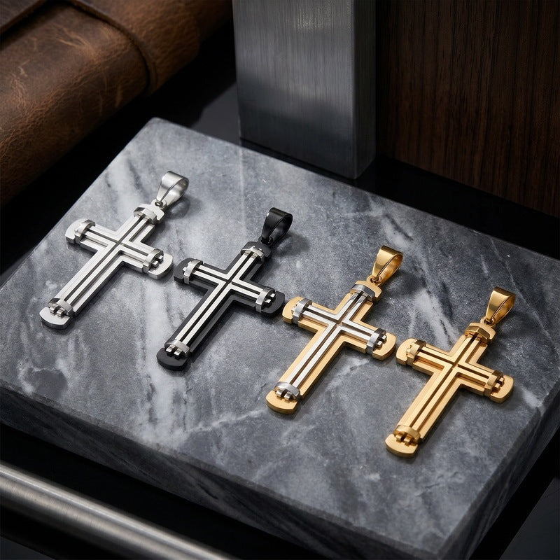 Hip-Hop Style Retro Rock Double-Layer Rivet Splicing Cross Titanium Steel Pendant Men's Color Necklace