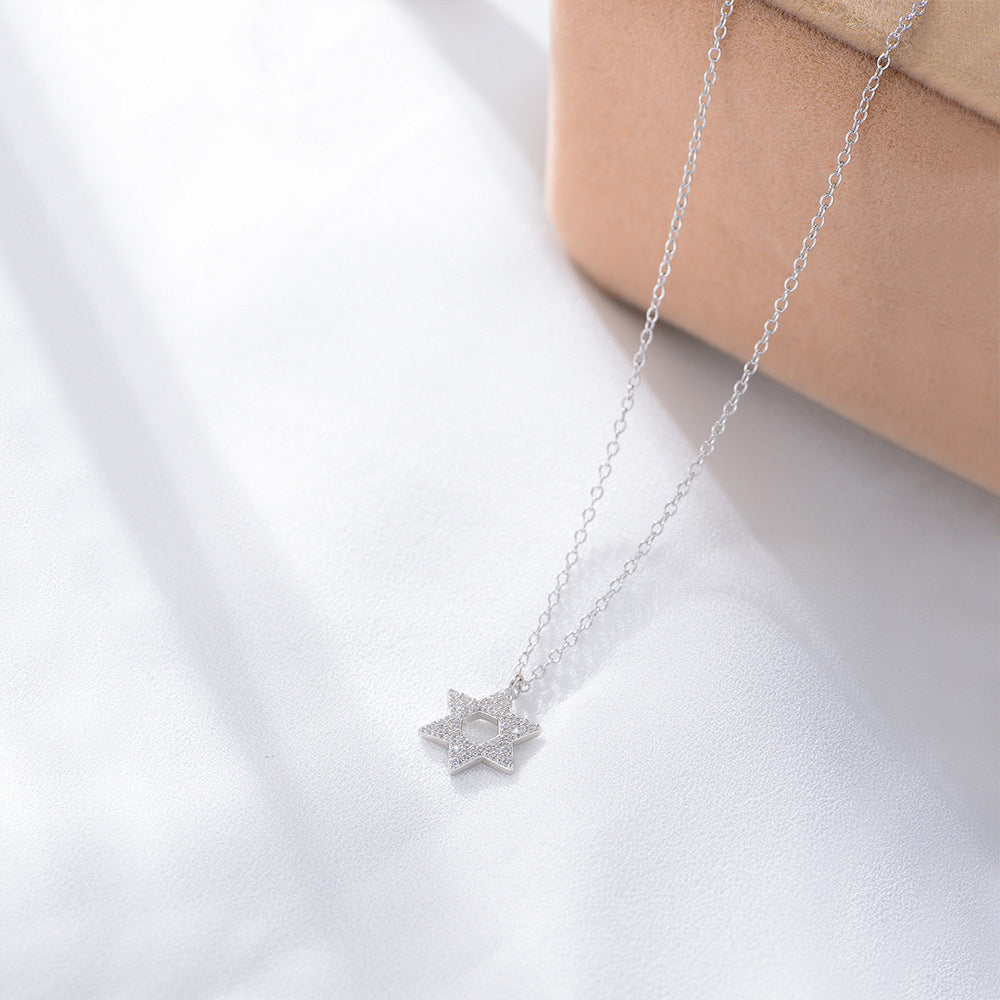 S925 Sterling Silver Shimmering Zircon Hexagram Pendant Necklace Micro-Inlaid Zircon Necklace Silver Jewelry