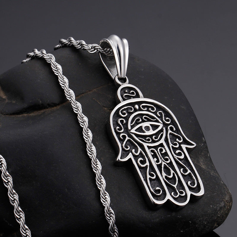 Retro European and American Fatima Hand Devil Eye Pendant in Titanium Steel for Men