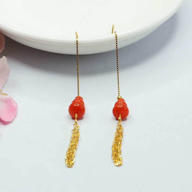Nanhong Agate Gourd Phoenix-Tail Threader Earrings