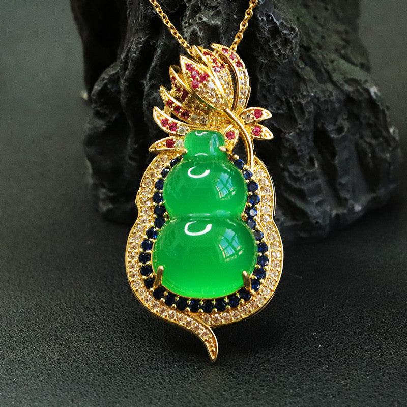 Chalcedony Gourd Pendant Necklace with Zircon Flower Detail