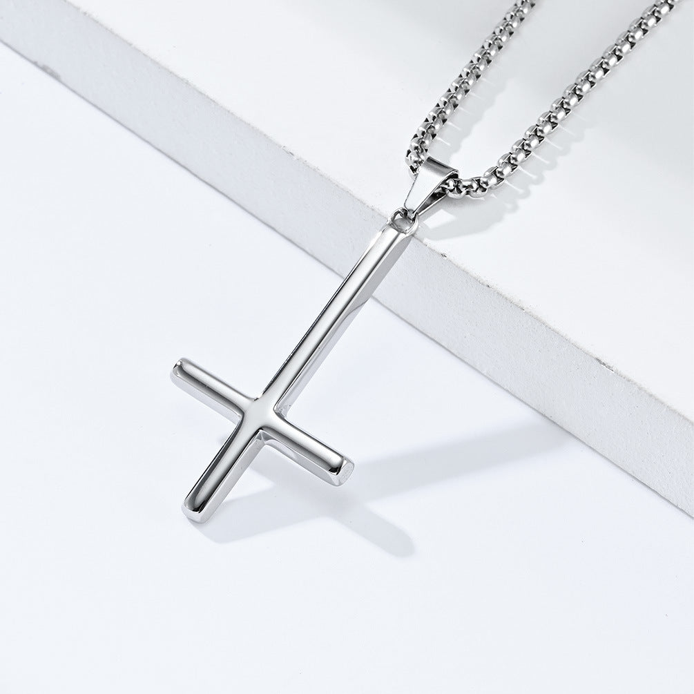 Steel Necklace - Statement Inverted Cross Pendant