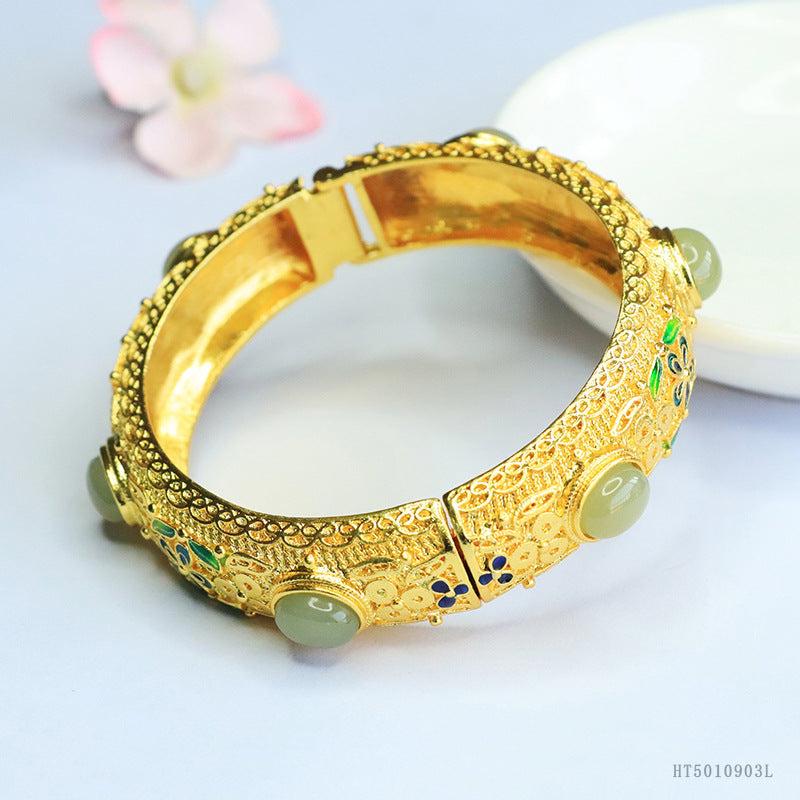 Qingshui Hetian Jade Enamel Flower Bangle