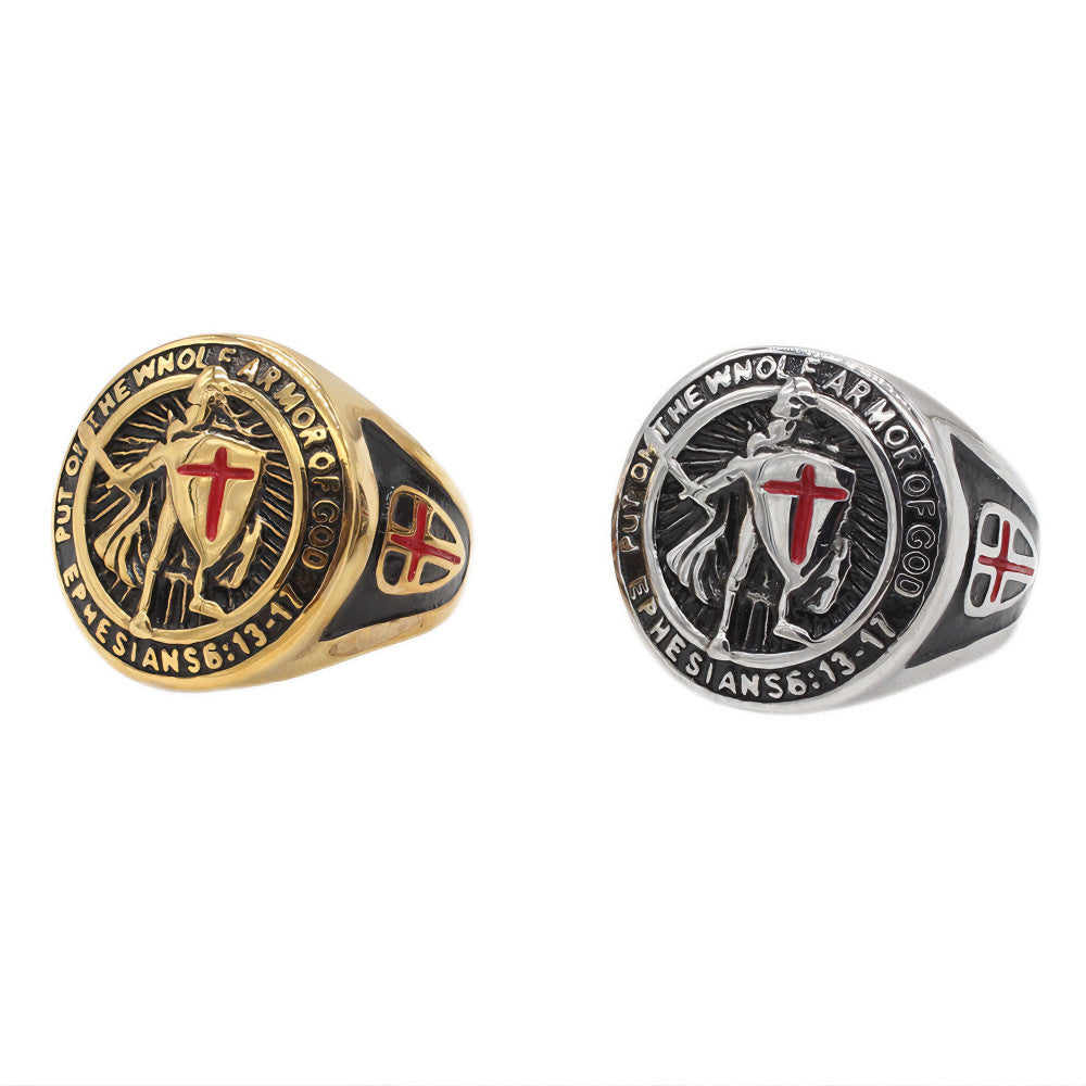 Planderful Titanium Steel Ring Knight Shield Cross Design For Men Unisex Statement Jewelry