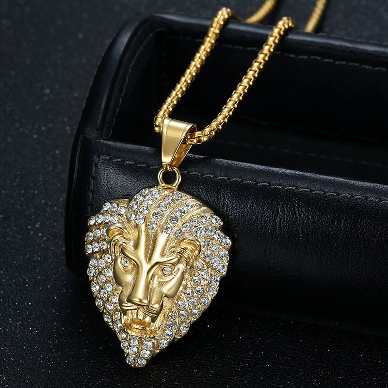 Planderful Hip Hop Jewelry Lion Head Necklace Durable Stainless Steel Gold Plated Zircon Pendant For Men And Women