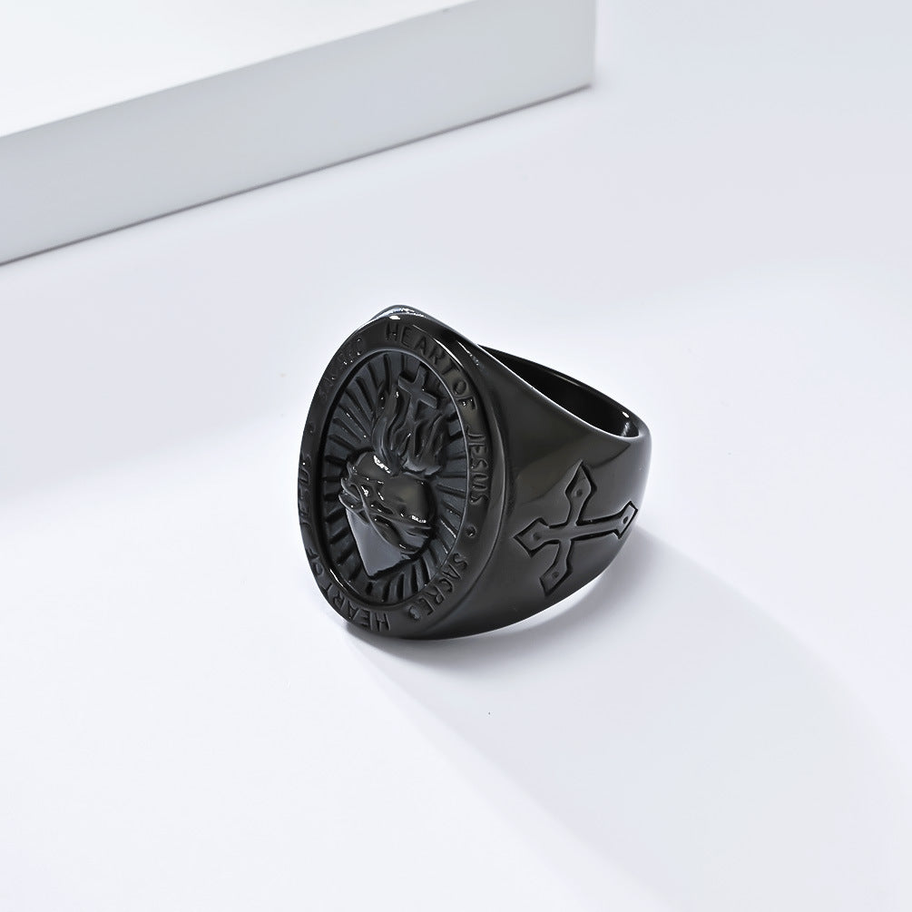 Titanium Steel Cross Ring for Men with Heart Design