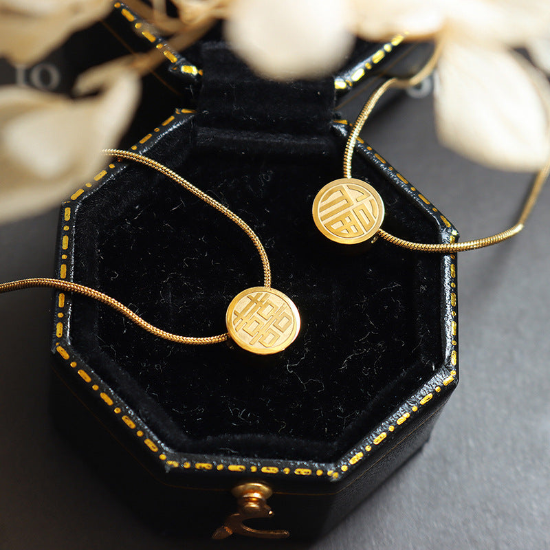 Double-Sided Happiness Character Pendant Necklace - Titanium Steel with 18K Gold Plating