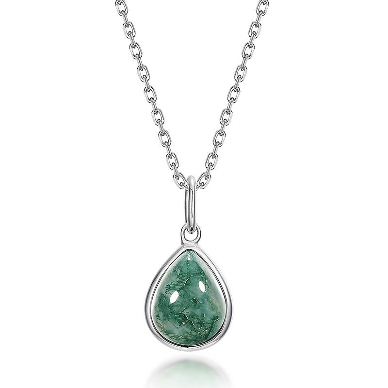 S925 Sterling Silver Moss Agate Teardrop Pendant Necklace