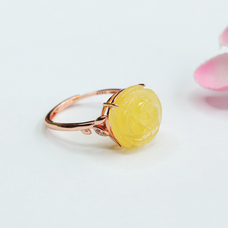 Yellow Flower Amber Bee Ring in Sterling Silver