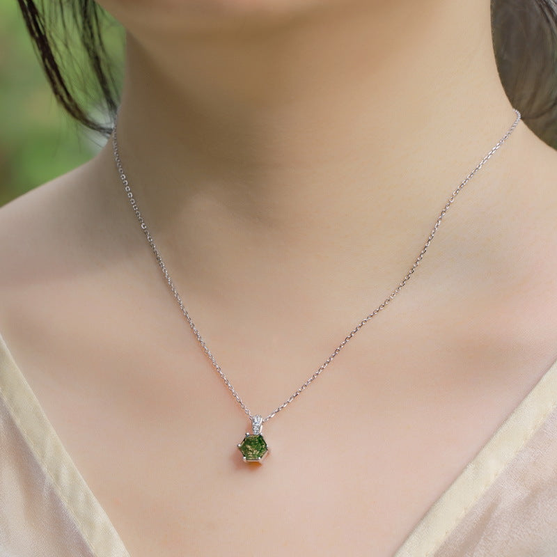 Planderful Jewelry Sterling Silver Hexagonal Green Moss Agate Necklace For Collarbone Luxury Everyday Genie