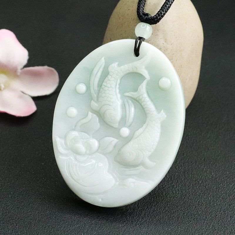 Lotus Leaf Fish Myanmar Jade Oval Pendant - Sterling Silver Jewelry