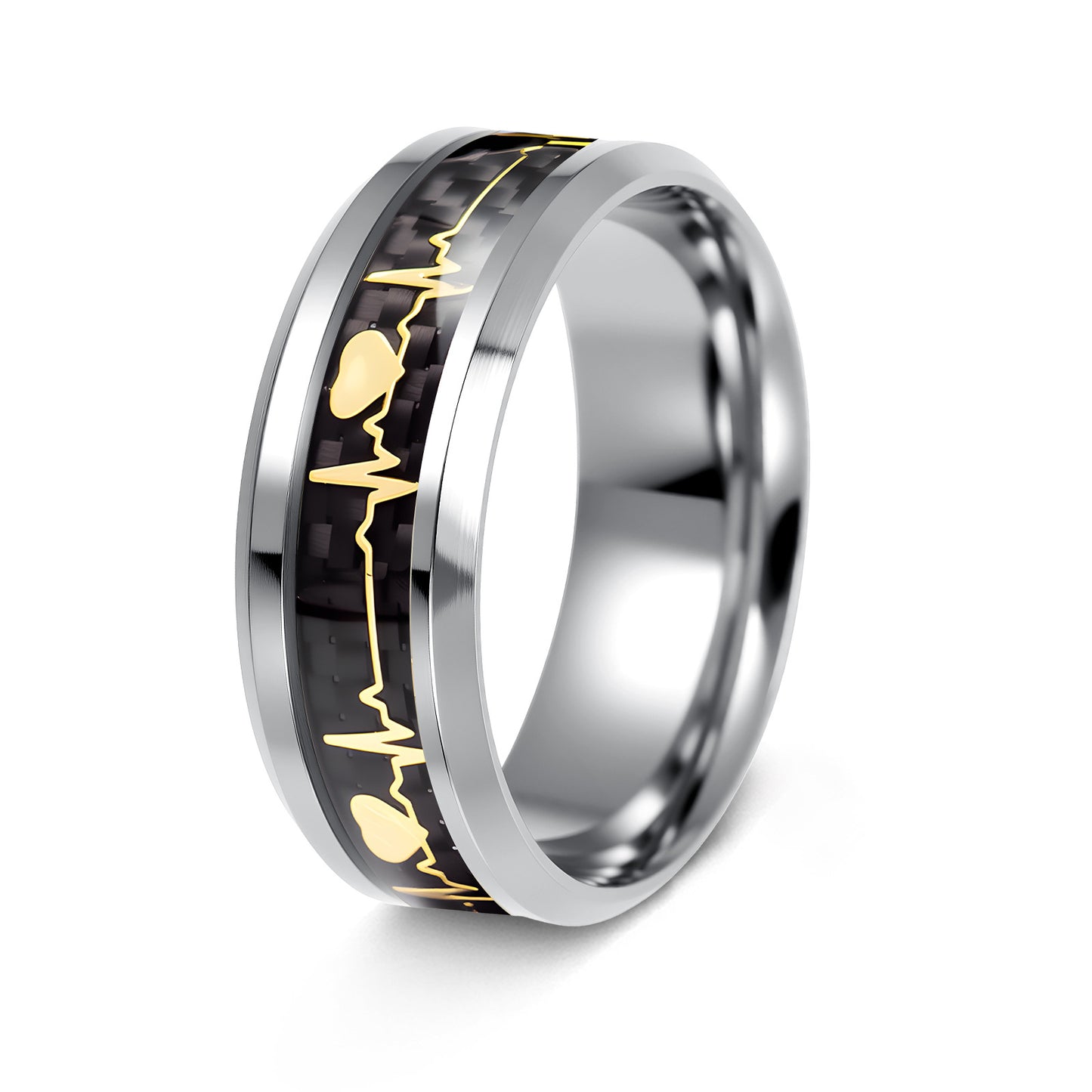 ECG Heartbeat 8mm Carbon Fiber Ring For Valentines Day Couples Unisex Titanium Steel By Planderful Everyday Genie