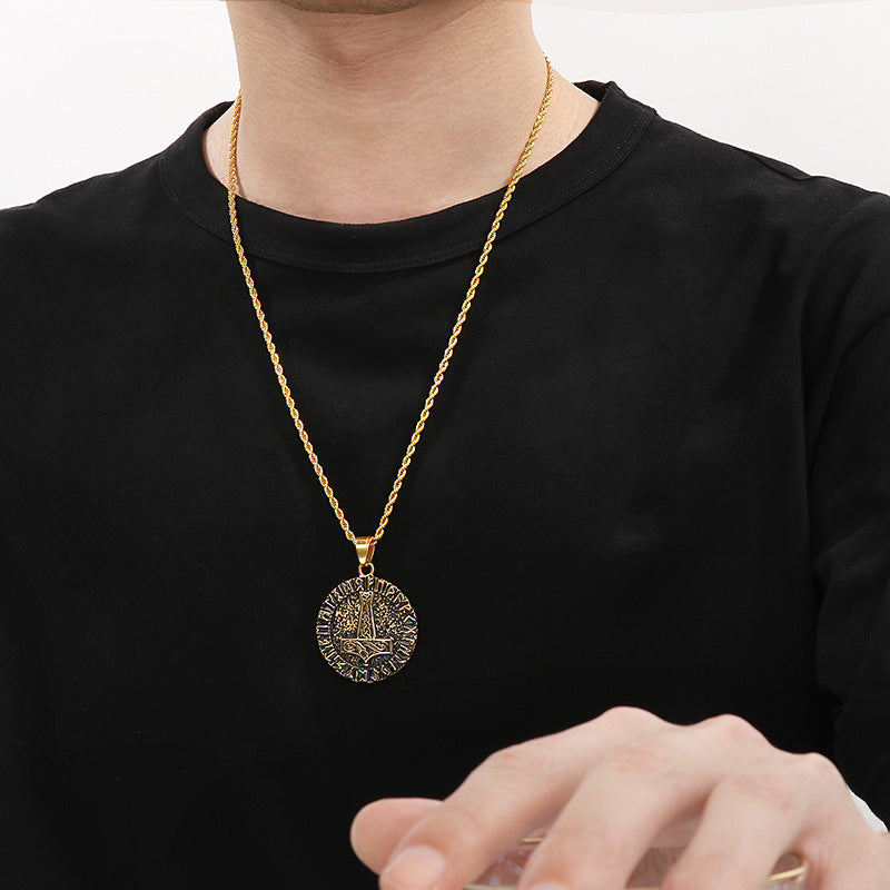 Nordic Viking Triangle Rune Jewelry, Punk Style Retro Quake Double-Sided Rune Men's Titanium Necklace