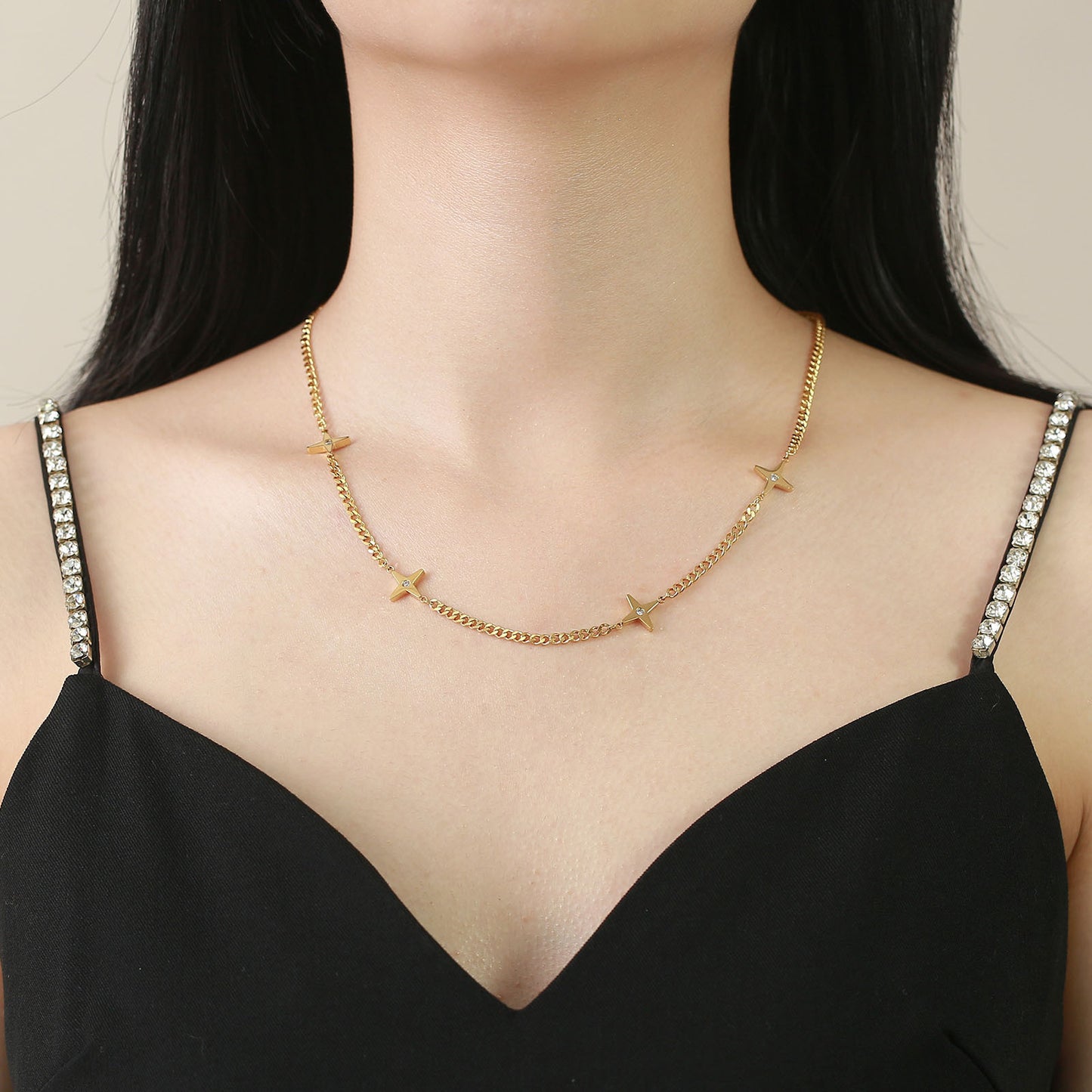 Stainless Steel Zircon Star Necklace Gold Female Fashion Jewelry