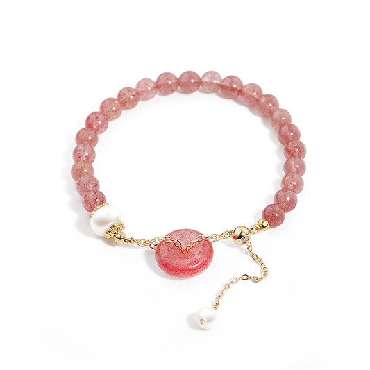 Strawberry Crystal and Freshwater Pearl Sterling Silver Bracelet with Safe Buckle