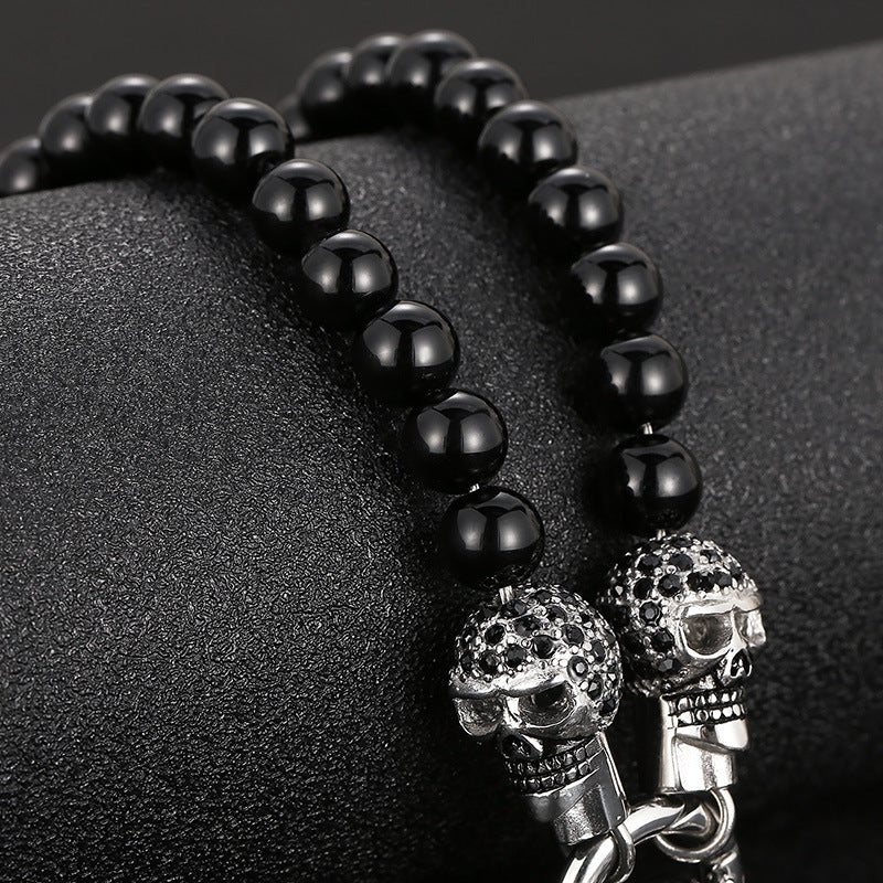 Titanium Steel Skull Necklace with Dark Zircon-Studded Ghost Head Agate Beads for Men