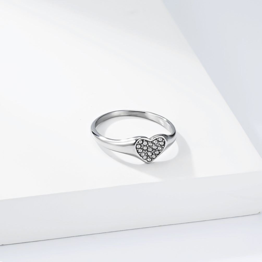 Stainless Steel Full Zircon Heart-Shaped Ring Women's Love