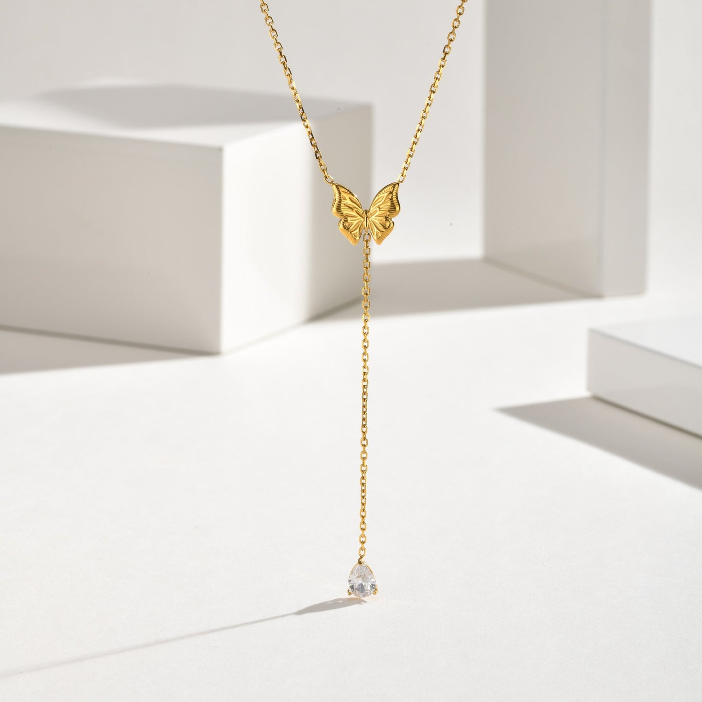 Stainless Steel Butterfly Tassel Water Drop Zircon Y-Shaped Women's Zircon Pendant Necklace