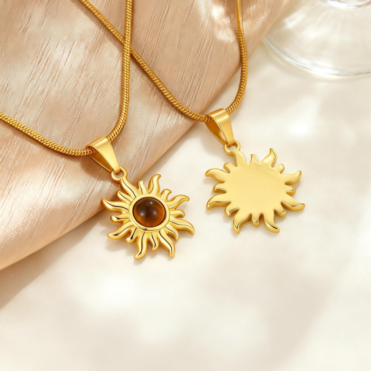 Medieval-Inspired Gold-Plated Stainless Steel Tiger's Eye Elegant Sun Necklace