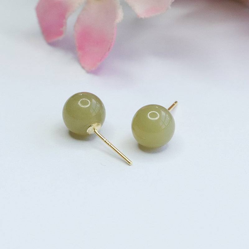 Sterling Silver Stud Earrings with Natural Hotan Jade Insets