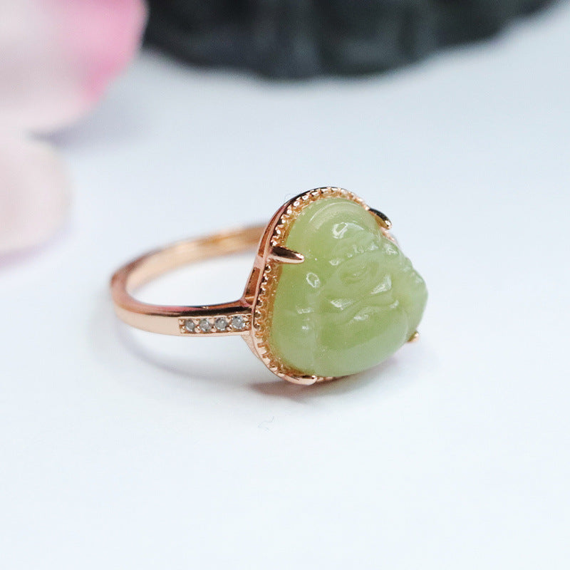 925 Sterling Silver Hetian Jade Buddha Ring
