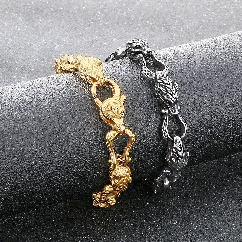 Nordic Viking Design Wolf – Antique Tail Biting Wolf Head Stainless Steel Men's Bracelet