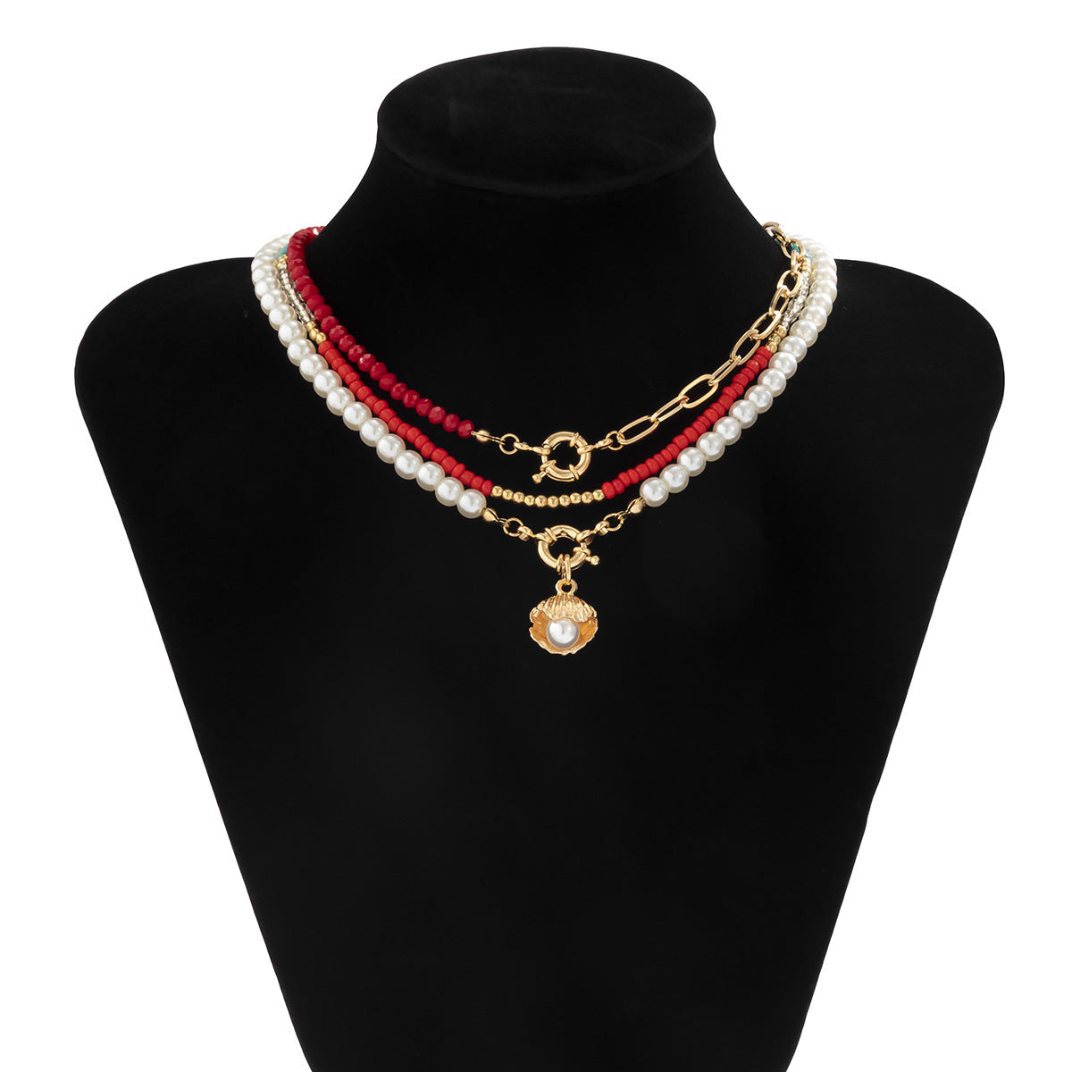 Planderful Vienna Verve Scallop Pendant Necklace For Women Bold Ethnic Style Rice Bead Imitation Pearl