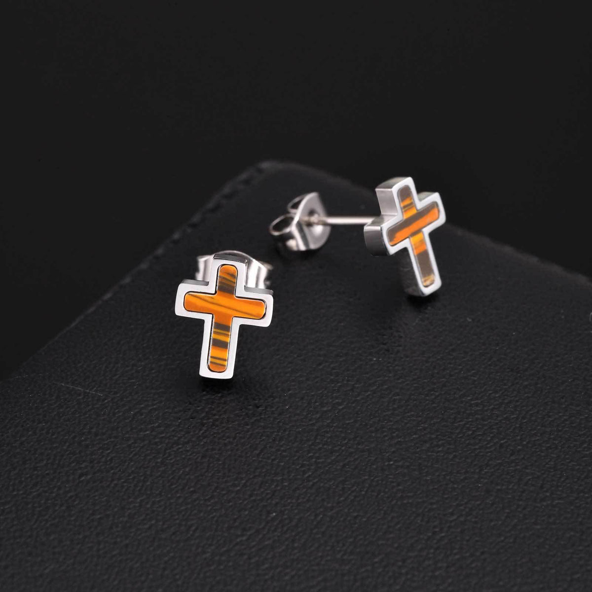 Stainless Steel Tiger's Eye Cross Earrings