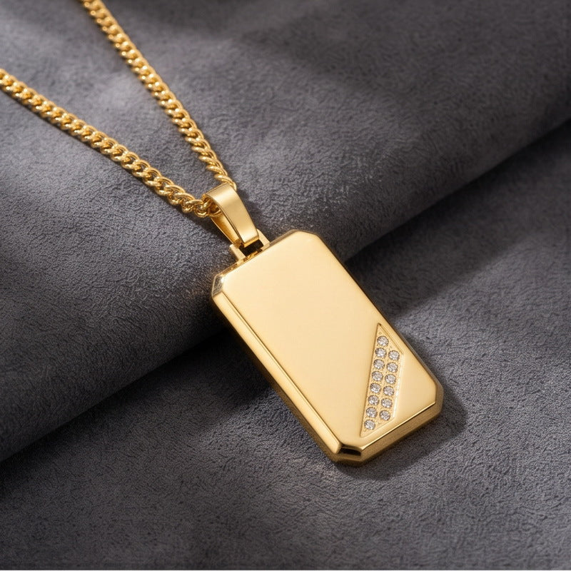 Hip-Hop Style Square Inlaid Double-Row Zircon Pendant Stainless Steel Smooth Military Brand Double-Sided Necklace