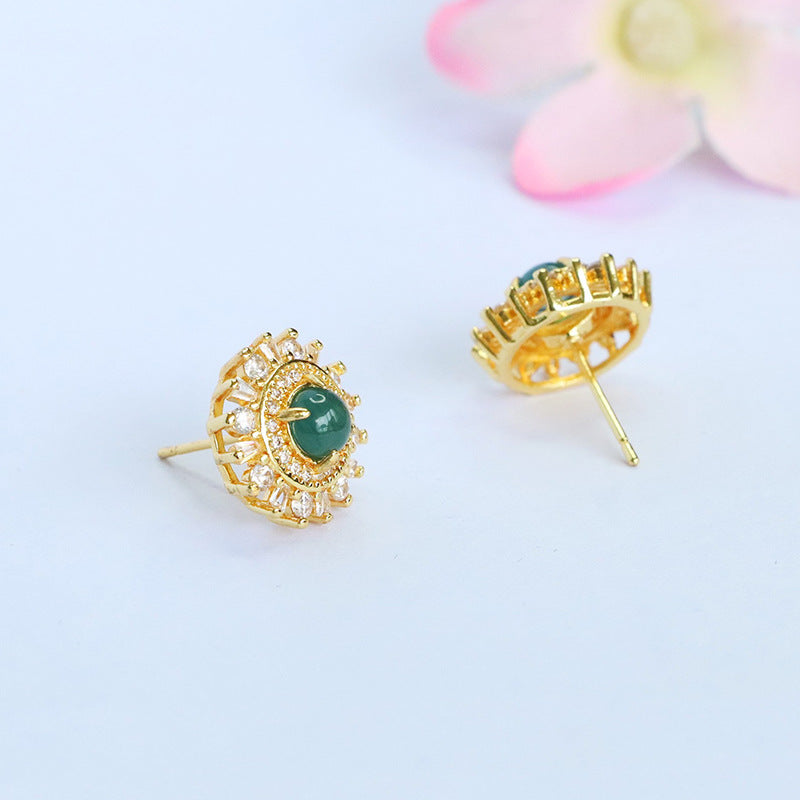 Blue-Water Jadeite Sunflower Stud Earrings
