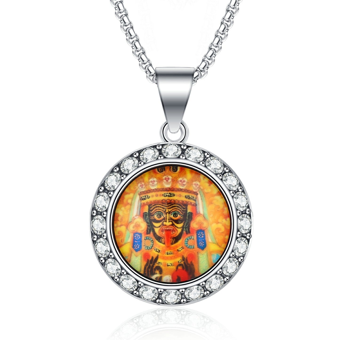 Steel Necklace - Elegant Chinese Amulet Pendant With Zircon Inlay Temple Fair Style