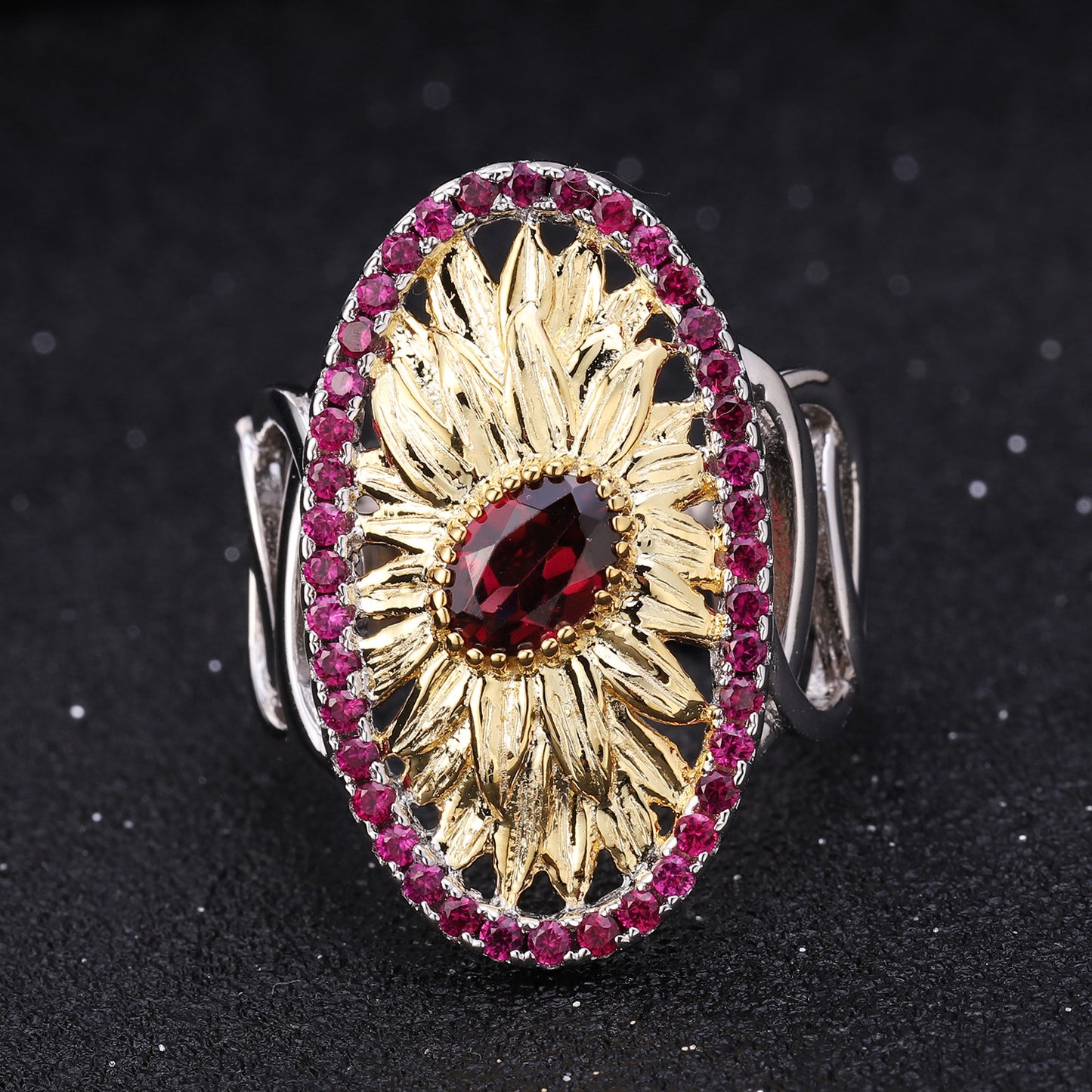 Oval Sunflower Natural Rose Pomegranate Silver Ring