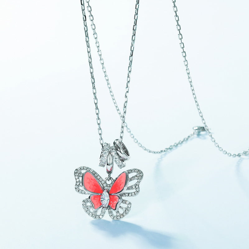 Enamel Red Butterfly Pendant Zircon Sterling Silver Necklace