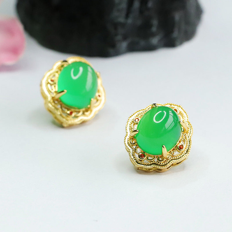 Chalcedony and Agate Retro Stud Earrings in Green with Red Accents
